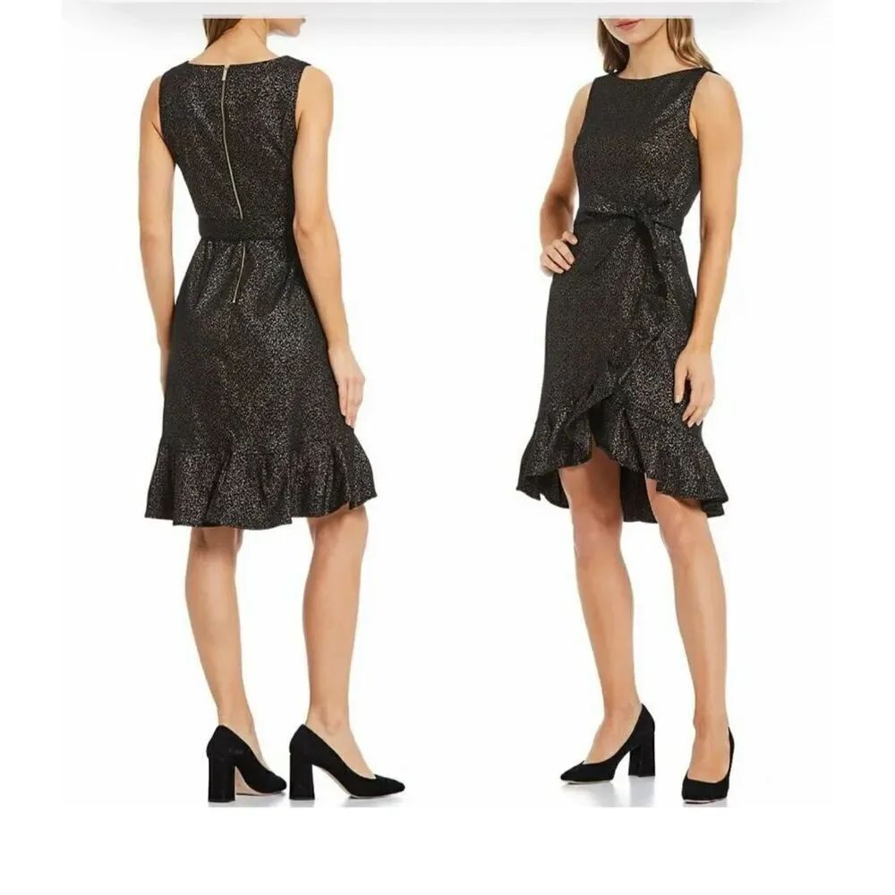 Calvin Klein Women's Dress Sheath Sleeveless Metallic Gold Ruffle Zip Up size 8